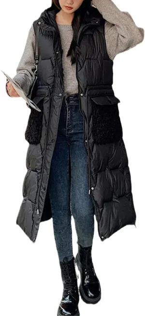 Fjnbbiot Women's Winter Vest Warm Long Down Waistcoat Sleeveless Coat Hooded Cotton Padded Waistcoat Pocket Windproof Outwear
