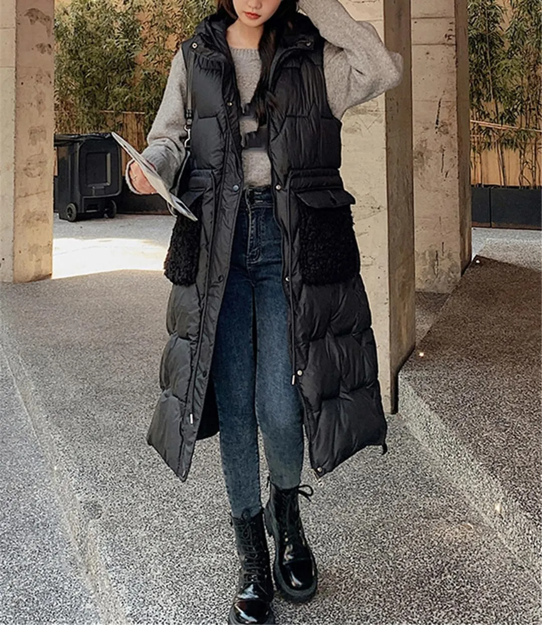 Fjnbbiot Women's Winter Vest Warm Long Down Waistcoat Sleeveless Coat Hooded Cotton Padded Waistcoat Pocket Windproof Outwear