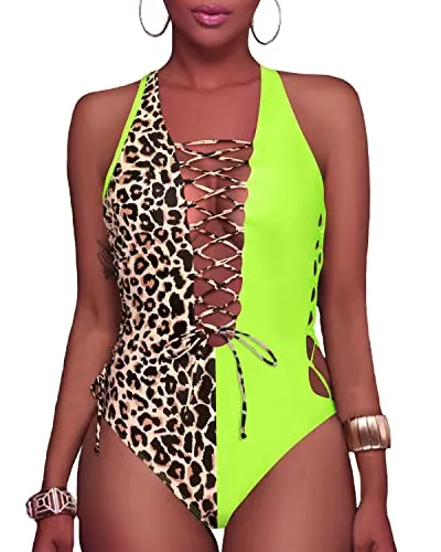 Flattering High Cut Thong One Piece Swimsuit-Lepoard And Green