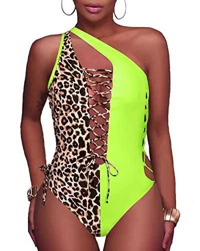 Flattering High Cut Thong One Piece Swimsuit-Lepoard And Green