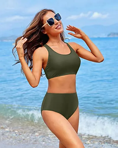 Flattering Women's High Waisted Two Piece Bikini Sports Swimsuit-Army Green