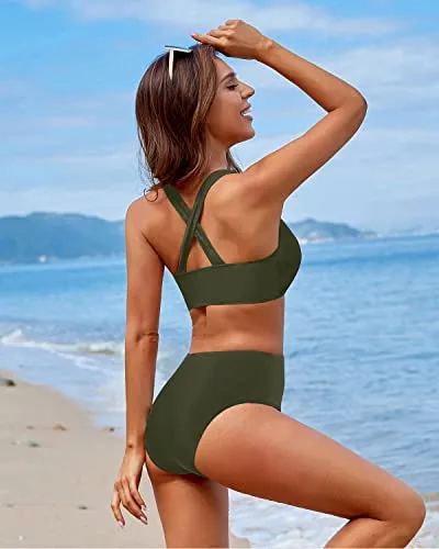 Flattering Women's High Waisted Two Piece Bikini Sports Swimsuit-Army Green