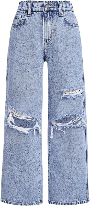 Floerns Girls Elastic Waist Distressed Ripped Straight Leg Denim Jeans