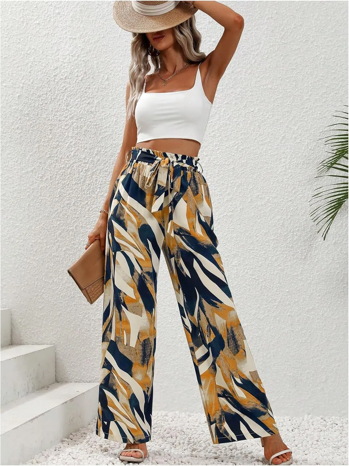 Floerns Women's Boho Allover Print Elastic Waist Belted Wide Leg Pants