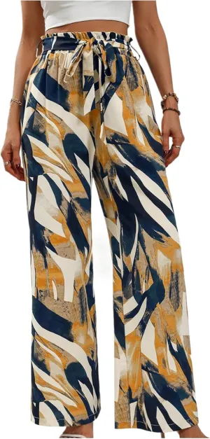 Floerns Women's Boho Allover Print Elastic Waist Belted Wide Leg Pants