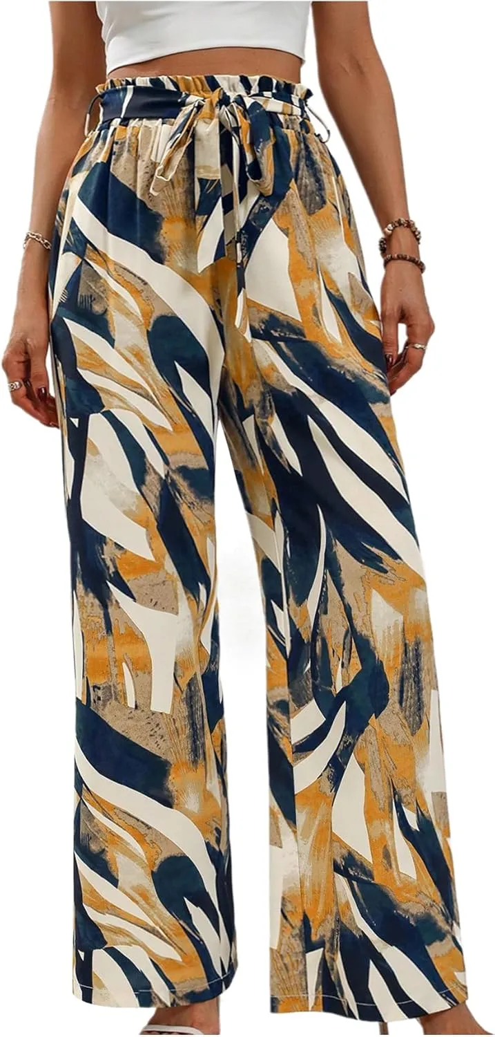 Floerns Women's Boho Allover Print Elastic Waist Belted Wide Leg Pants