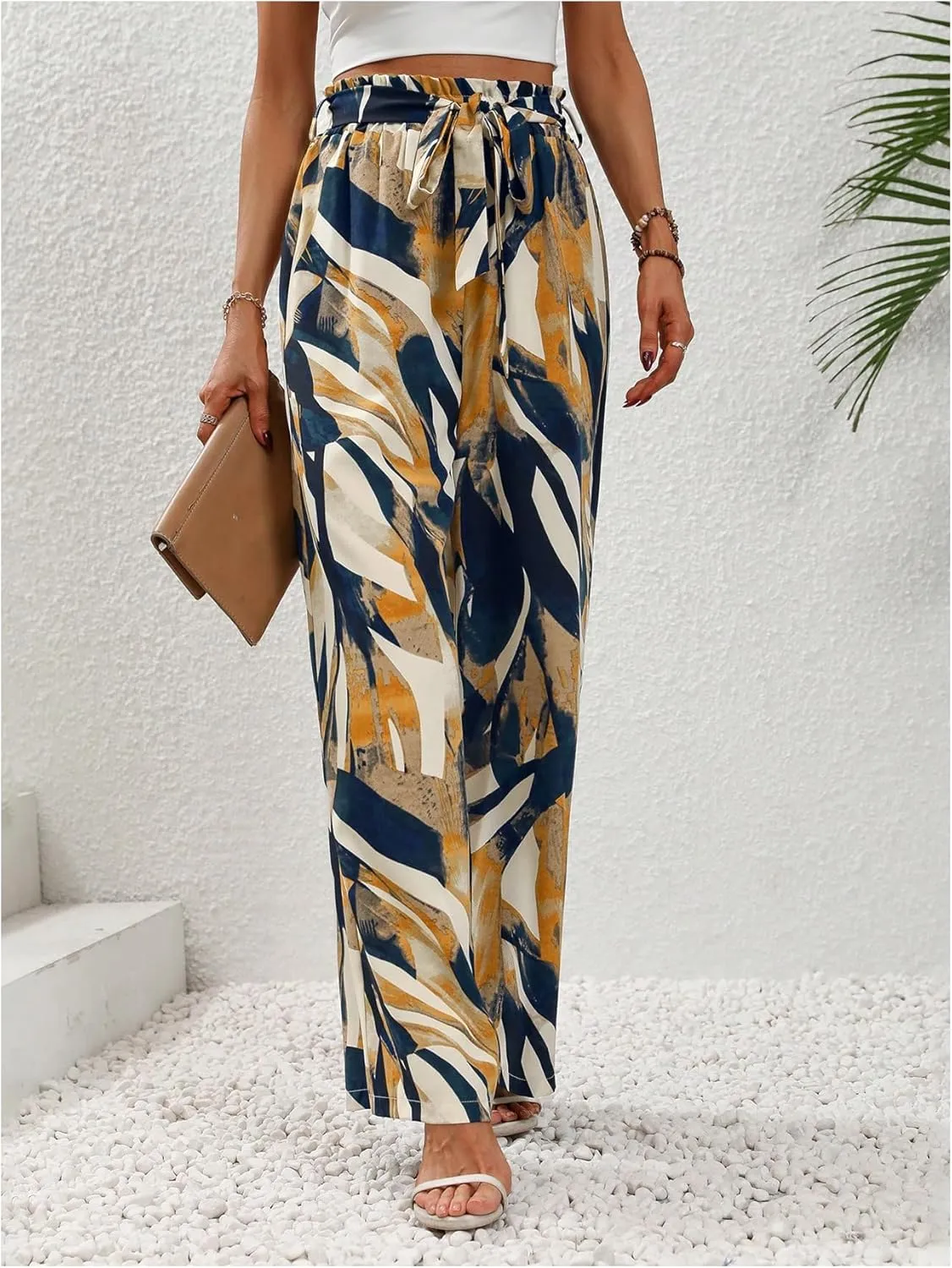 Floerns Women's Boho Allover Print Elastic Waist Belted Wide Leg Pants