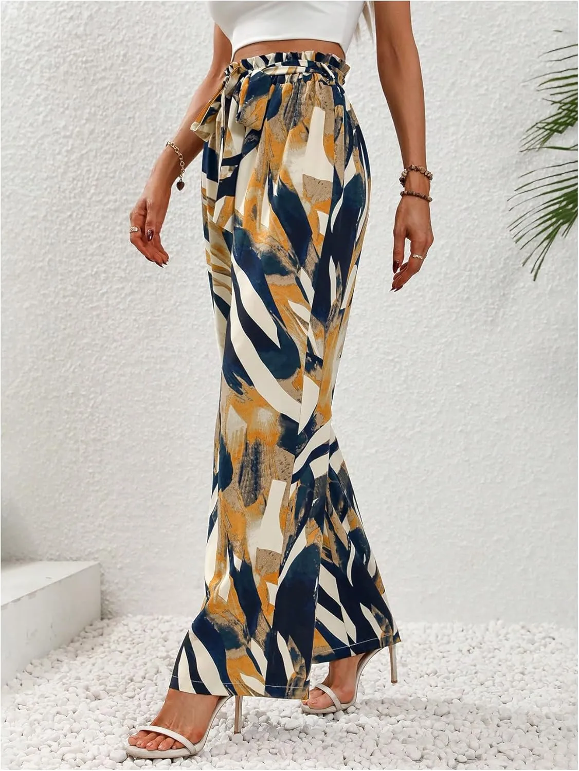 Floerns Women's Boho Allover Print Elastic Waist Belted Wide Leg Pants