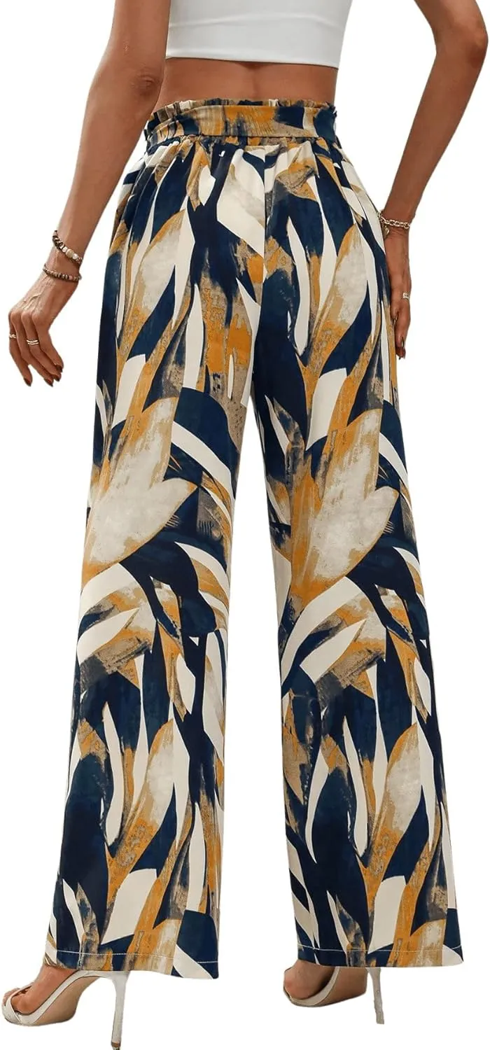 Floerns Women's Boho Allover Print Elastic Waist Belted Wide Leg Pants