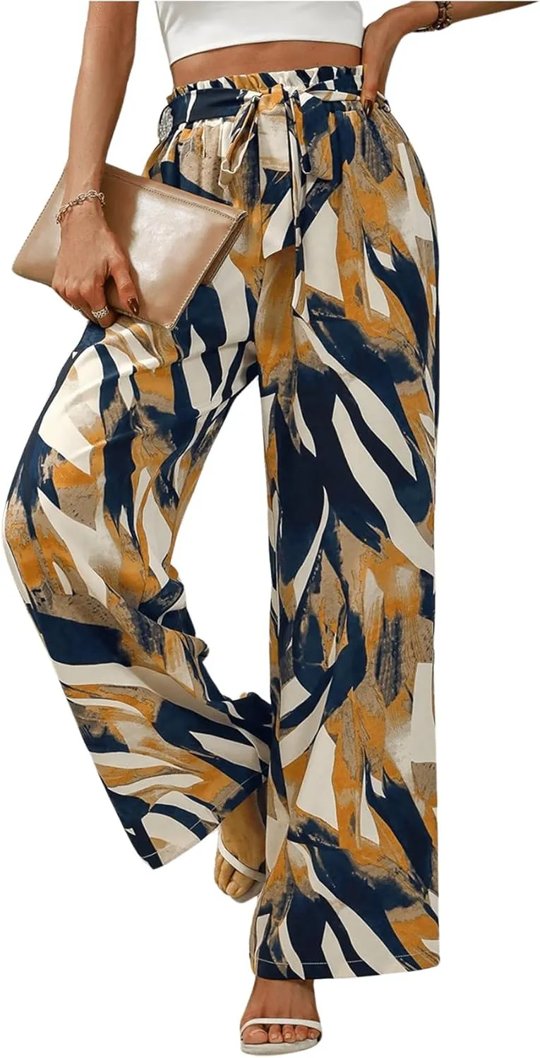 Floerns Women's Boho Allover Print Elastic Waist Belted Wide Leg Pants