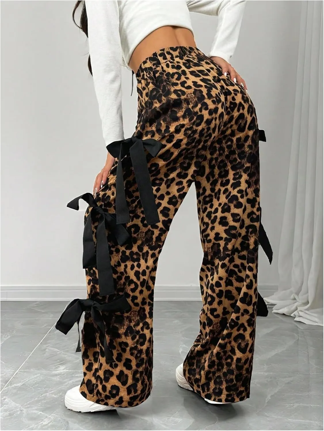 Floerns Women's Cheetah Cute Tie Bow Y2k Pants Elastic Waist Wide Leg Pants