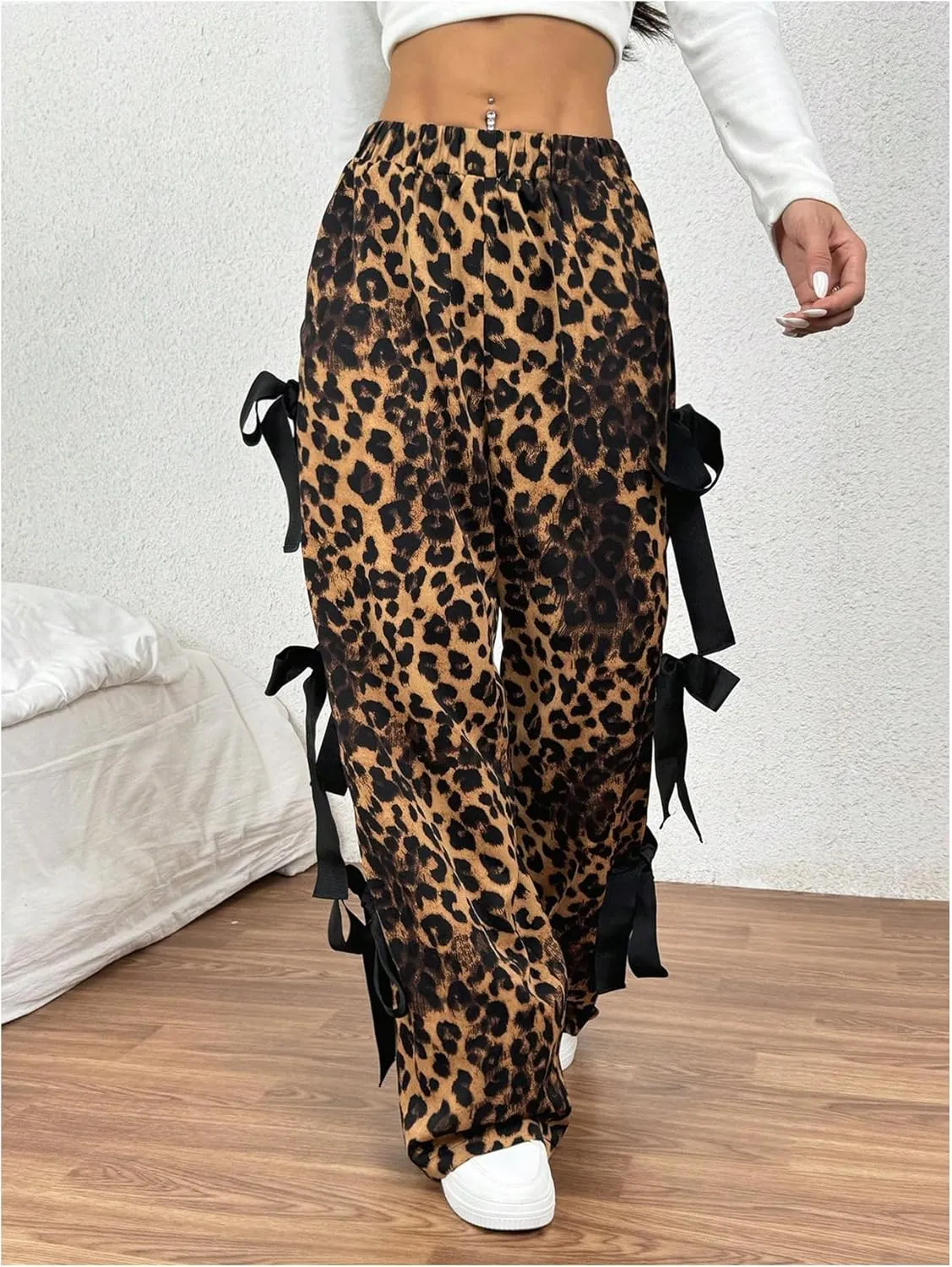 Floerns Women's Cheetah Cute Tie Bow Y2k Pants Elastic Waist Wide Leg Pants