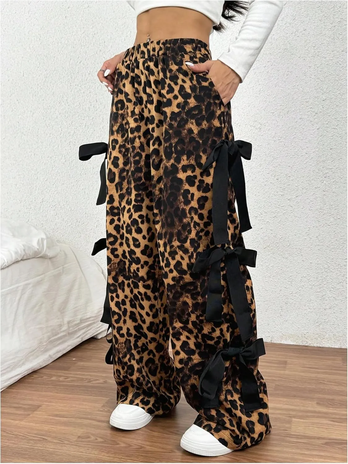 Floerns Women's Cheetah Cute Tie Bow Y2k Pants Elastic Waist Wide Leg Pants