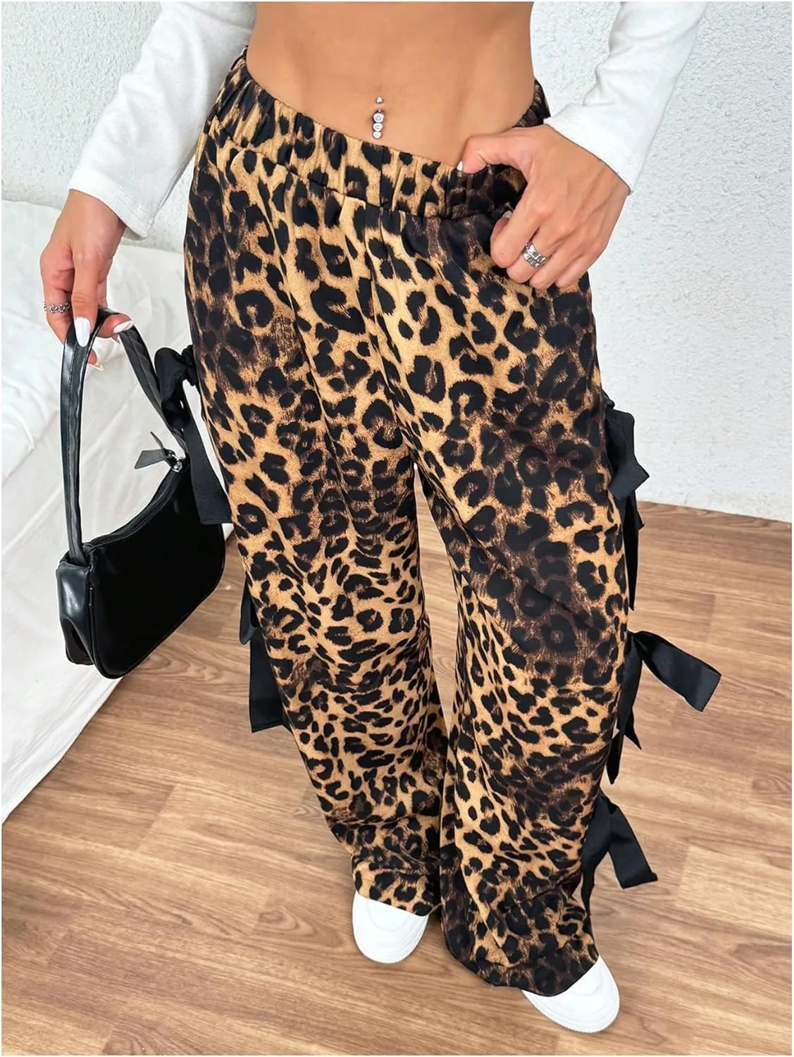 Floerns Women's Cheetah Cute Tie Bow Y2k Pants Elastic Waist Wide Leg Pants