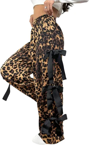 Floerns Women's Cheetah Cute Tie Bow Y2k Pants Elastic Waist Wide Leg Pants