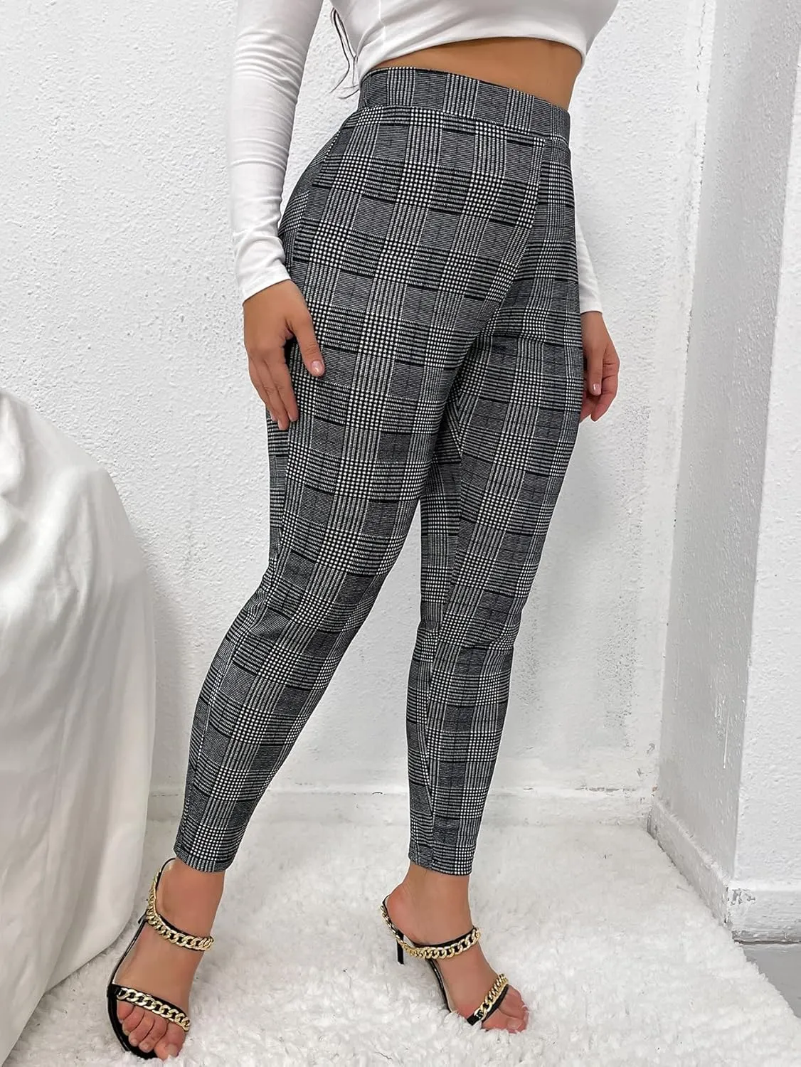 Floerns Women's Plus Size Plaid Pants Leggings Stretchy Elastic Waist Work Skinny Pants