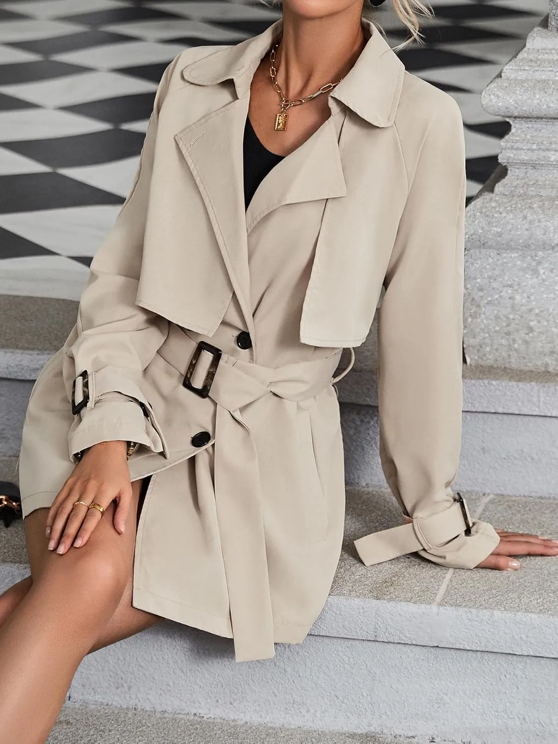 Floerns Women's Solid Double Breasted Long Trench Coat Raglan Sleeve Belted Lapel Overcoat