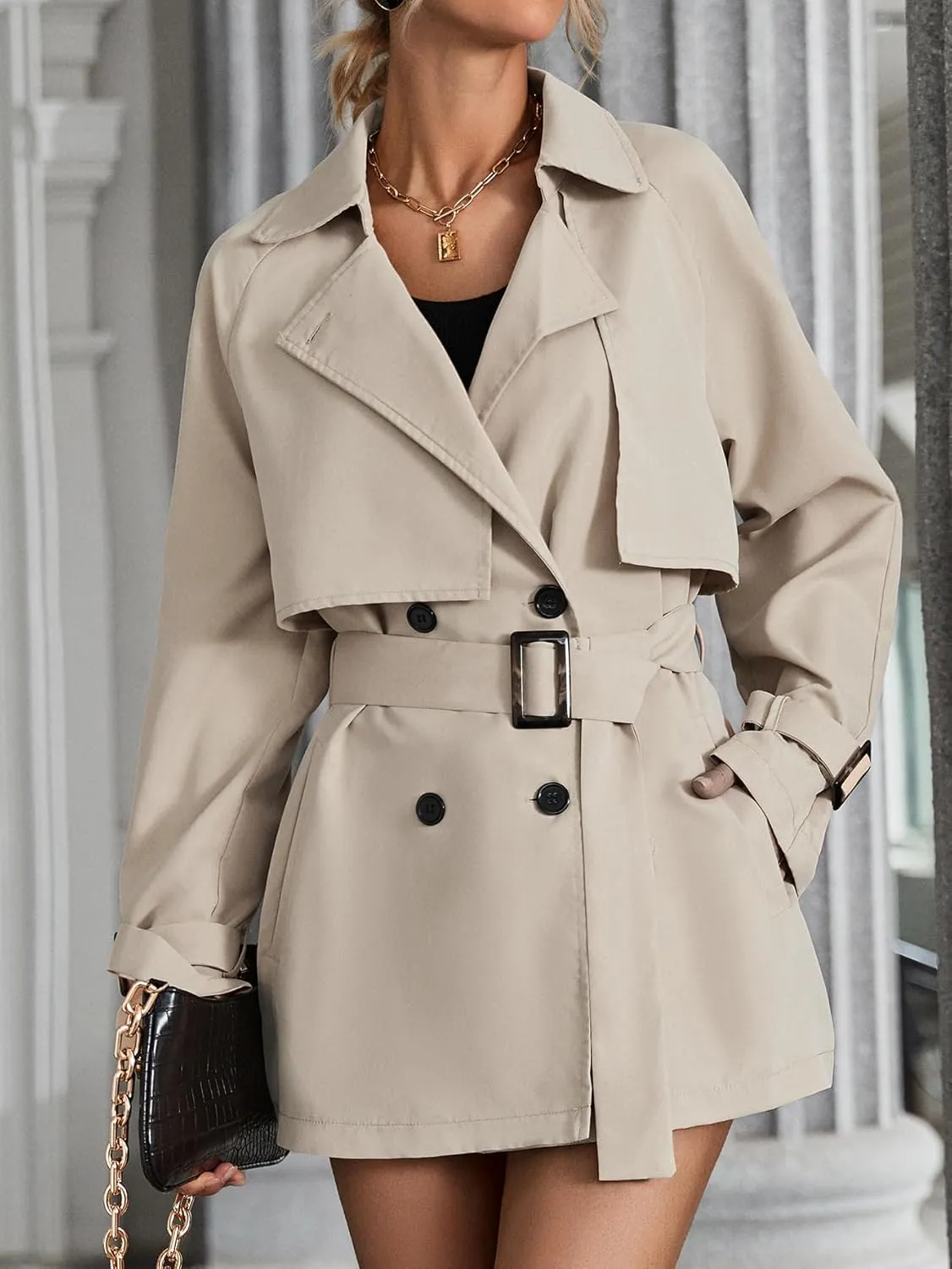Floerns Women's Solid Double Breasted Long Trench Coat Raglan Sleeve Belted Lapel Overcoat