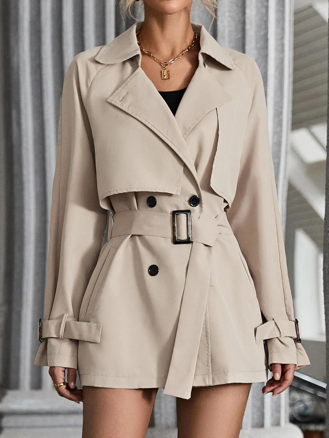 Floerns Women's Solid Double Breasted Long Trench Coat Raglan Sleeve Belted Lapel Overcoat