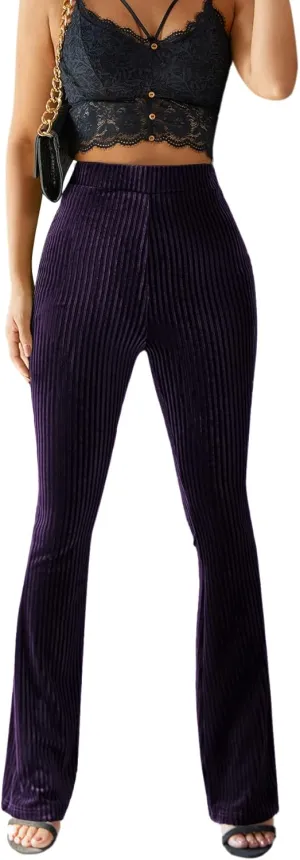 Floerns Women's Velvet Elastic Waist Flare Leg Palazzo Long Pants Trousers