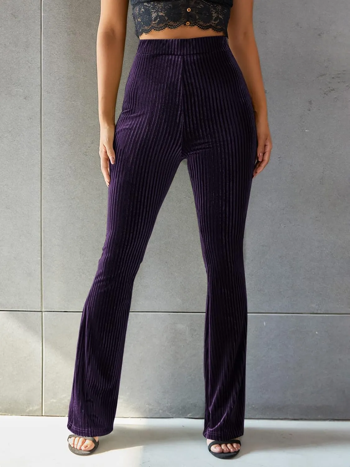Floerns Women's Velvet Elastic Waist Flare Leg Palazzo Long Pants Trousers