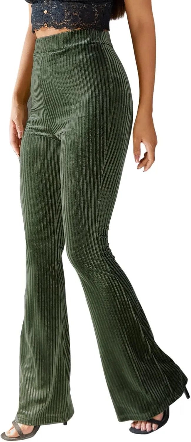 Floerns Women's Velvet Elastic Waist Flare Leg Palazzo Long Pants Trousers