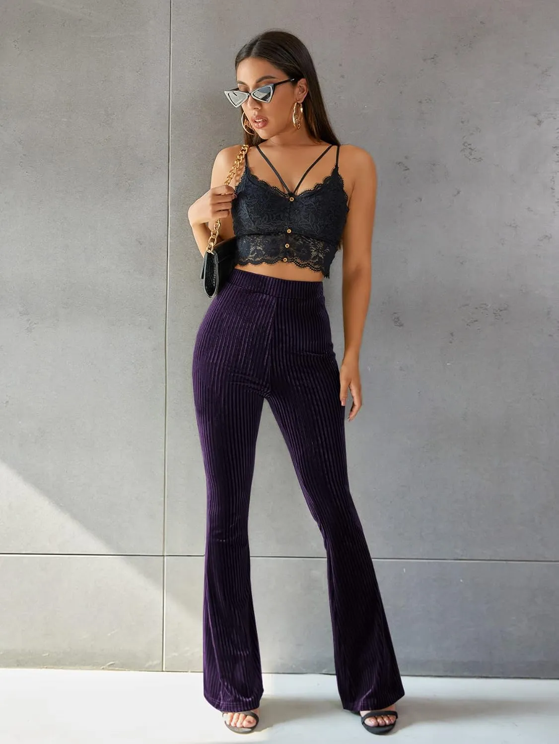 Floerns Women's Velvet Elastic Waist Flare Leg Palazzo Long Pants Trousers