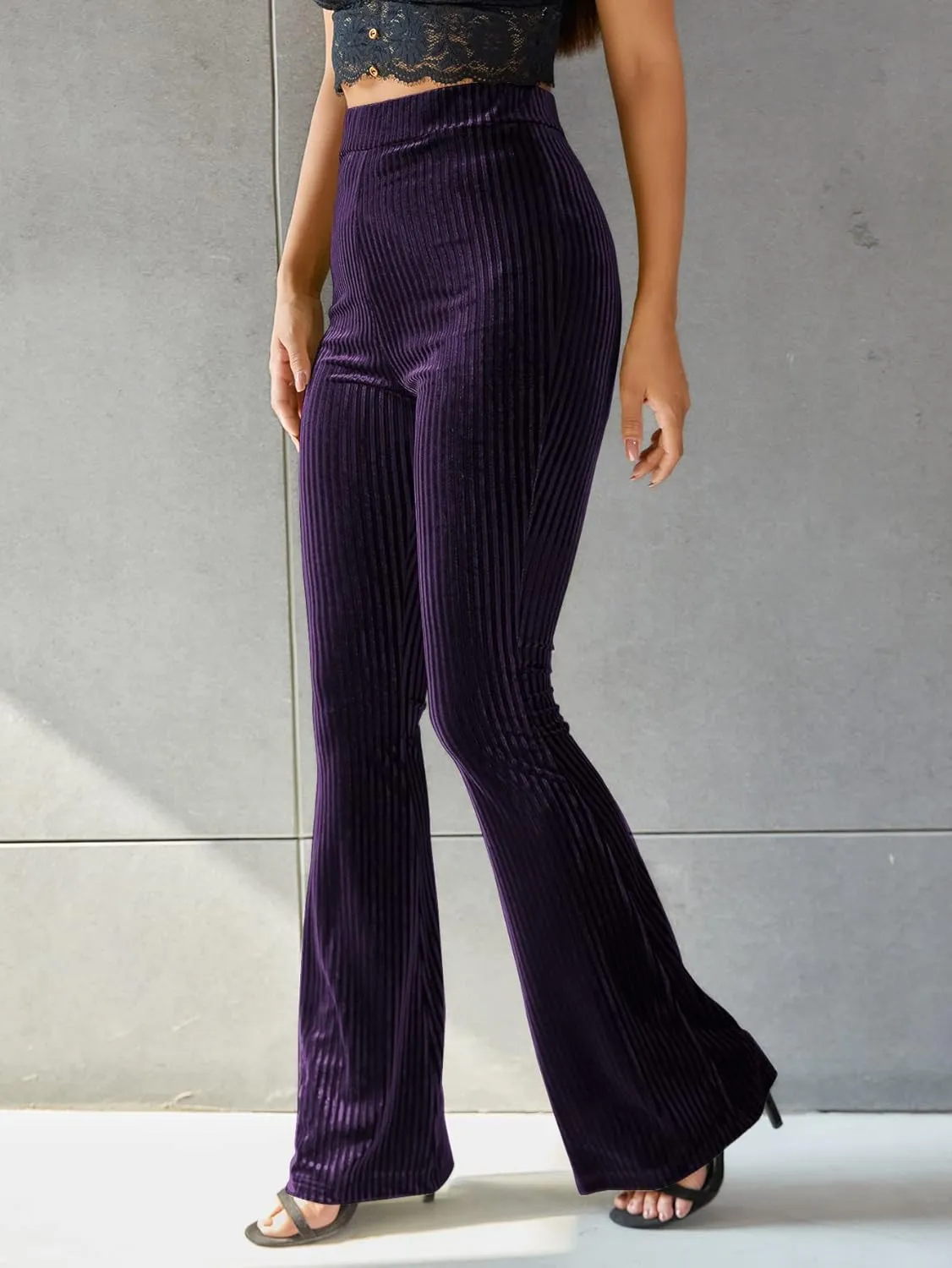 Floerns Women's Velvet Elastic Waist Flare Leg Palazzo Long Pants Trousers