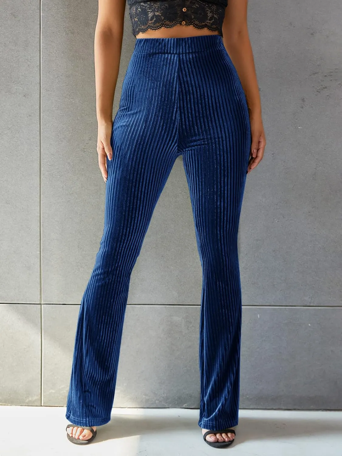 Floerns Women's Velvet Elastic Waist Flare Leg Palazzo Long Pants Trousers