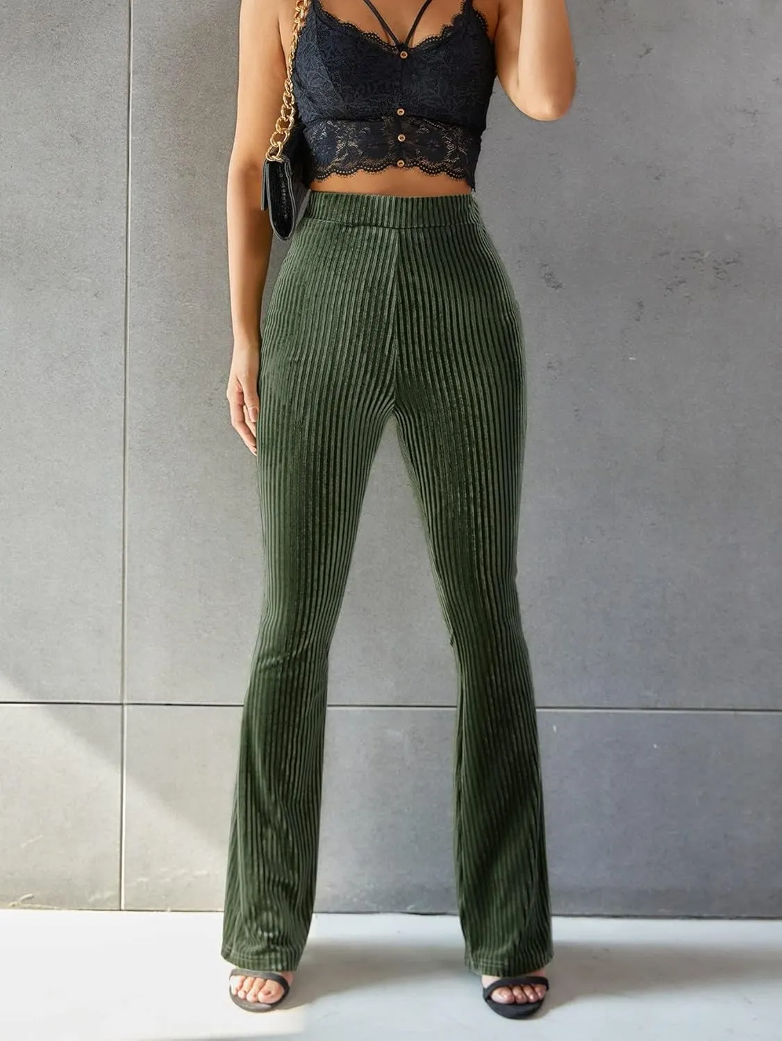 Floerns Women's Velvet Elastic Waist Flare Leg Palazzo Long Pants Trousers