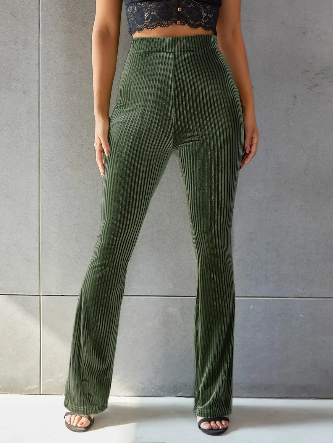 Floerns Women's Velvet Elastic Waist Flare Leg Palazzo Long Pants Trousers