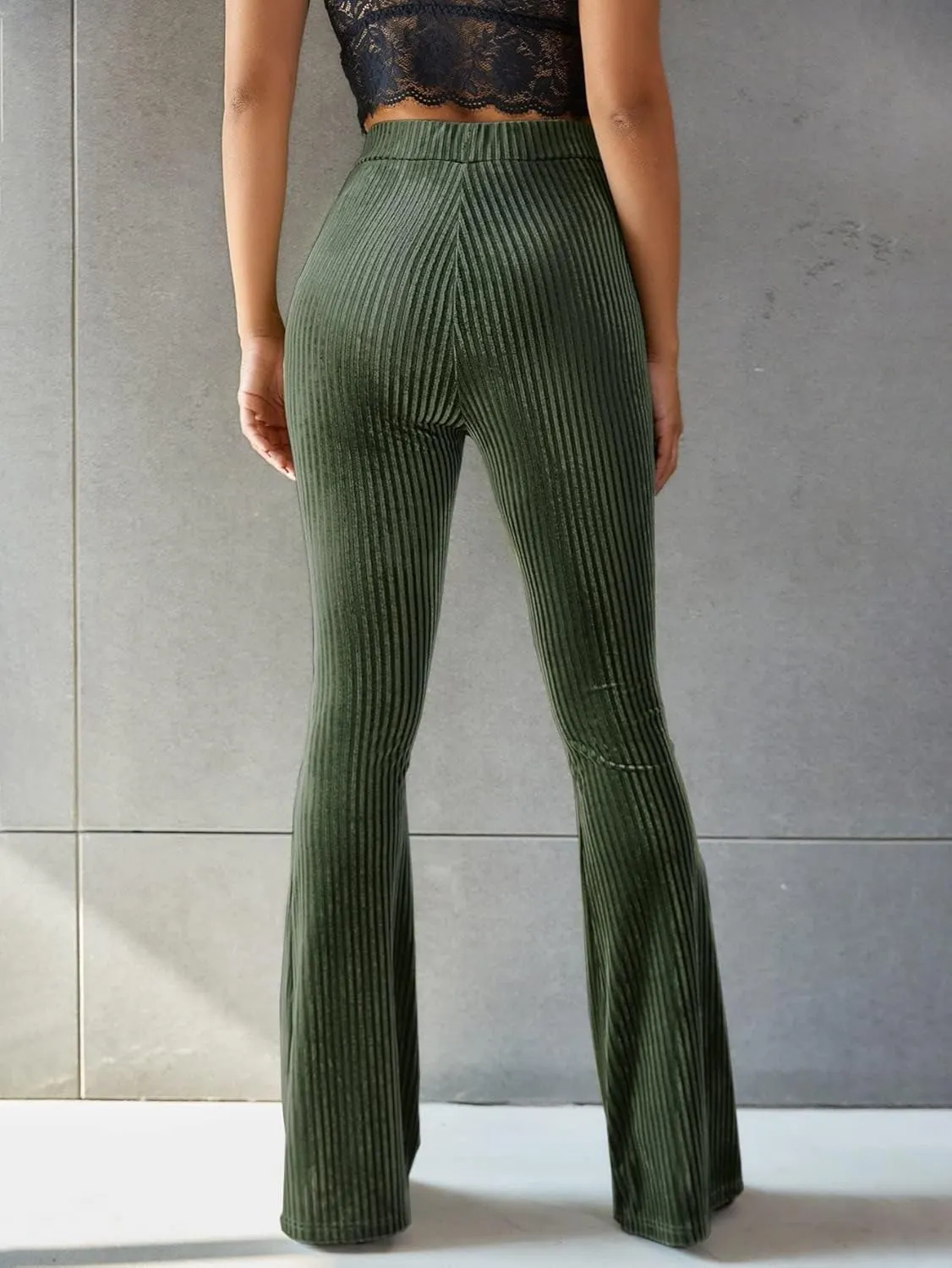 Floerns Women's Velvet Elastic Waist Flare Leg Palazzo Long Pants Trousers