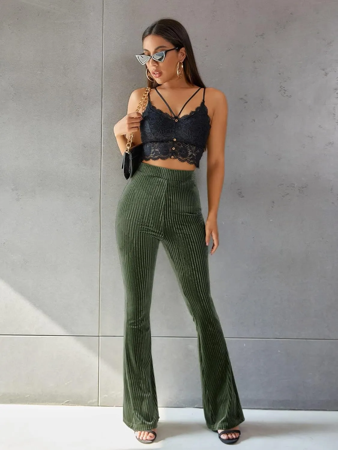 Floerns Women's Velvet Elastic Waist Flare Leg Palazzo Long Pants Trousers