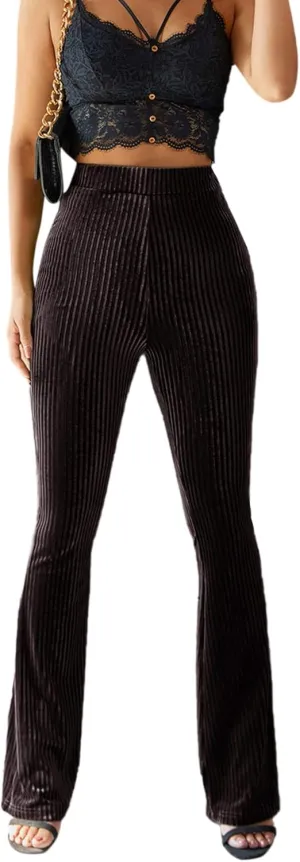 Floerns Women's Velvet Elastic Waist Flare Leg Palazzo Long Pants Trousers