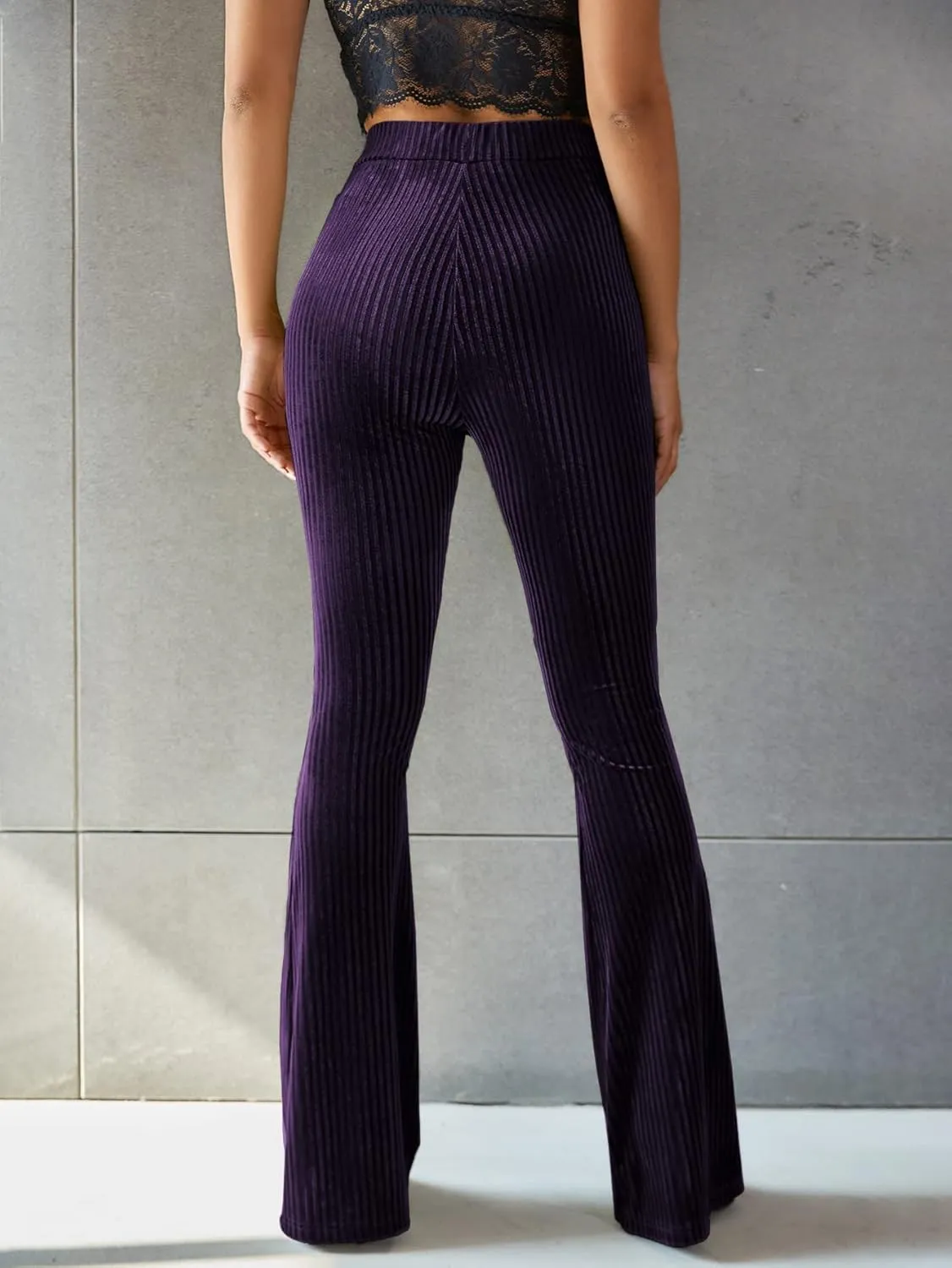 Floerns Women's Velvet Elastic Waist Flare Leg Palazzo Long Pants Trousers
