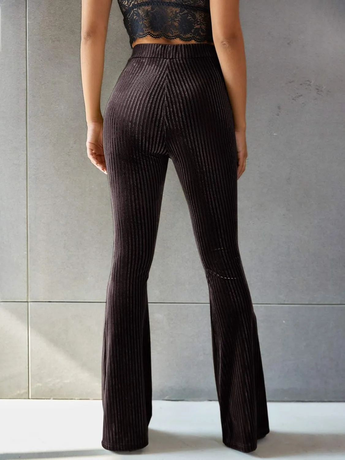 Floerns Women's Velvet Elastic Waist Flare Leg Palazzo Long Pants Trousers