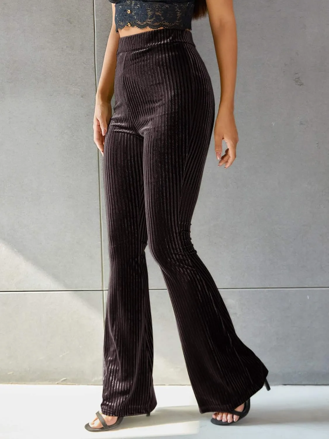 Floerns Women's Velvet Elastic Waist Flare Leg Palazzo Long Pants Trousers