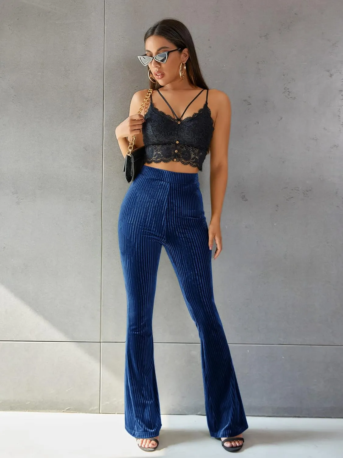 Floerns Women's Velvet Elastic Waist Flare Leg Palazzo Long Pants Trousers