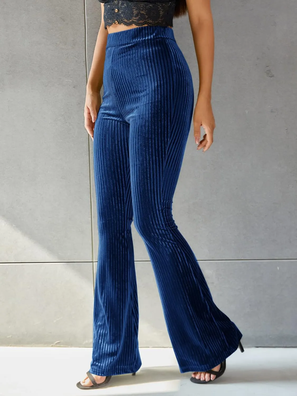 Floerns Women's Velvet Elastic Waist Flare Leg Palazzo Long Pants Trousers
