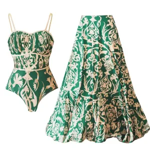 Flora - Floral Print Flared Skirt Swimsuit Ensemble