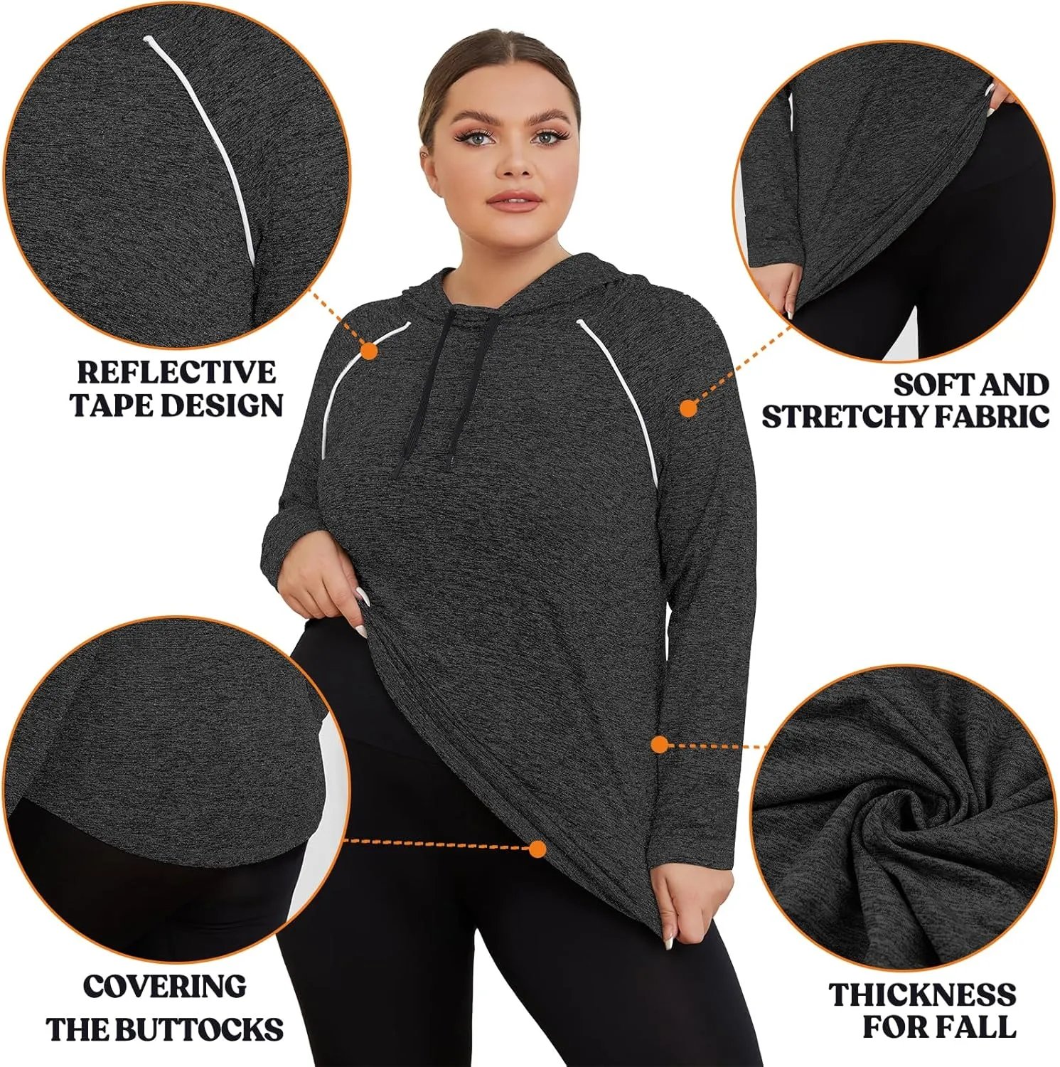 FOREYOND Plus Size Hoodies for Women Workout Tops Lightweight Sweatshirts Thumb Hole Athletic Tops Running Shirts