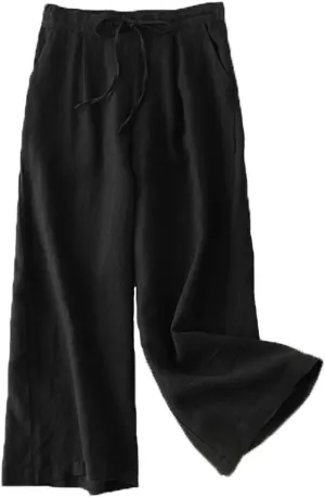 FTCayanz Women's Linen Cropped Wide Leg Pants Elastic Waist Casual Palazzo Trousers with Pockets
