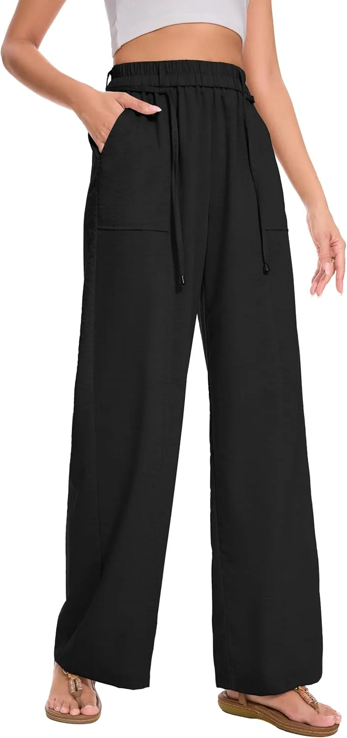 FUNYYZO 2025 Women Summer Pants Drawstring Waist Wide Leg Pants Loose Fit with Pockets Pull On