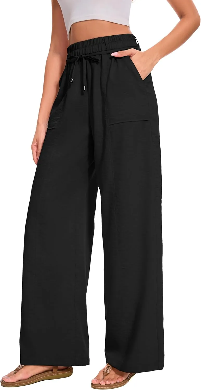 FUNYYZO 2025 Women Summer Pants Drawstring Waist Wide Leg Pants Loose Fit with Pockets Pull On