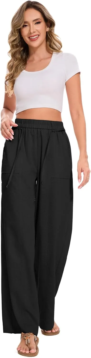 FUNYYZO 2025 Women Summer Pants Drawstring Waist Wide Leg Pants Loose Fit with Pockets Pull On