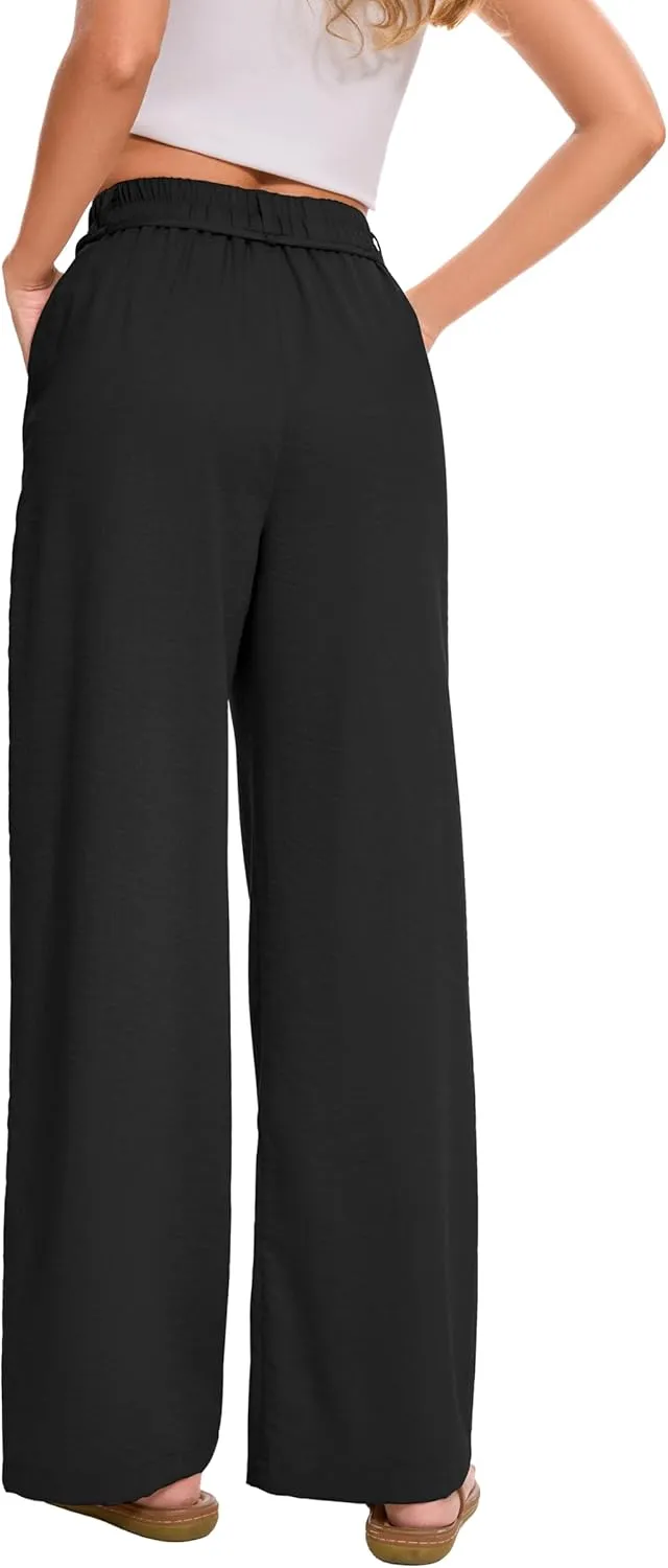 FUNYYZO 2025 Women Summer Pants Drawstring Waist Wide Leg Pants Loose Fit with Pockets Pull On