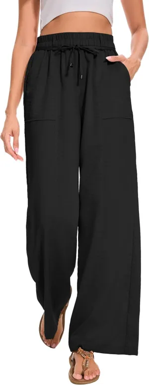 FUNYYZO 2025 Women Summer Pants Drawstring Waist Wide Leg Pants Loose Fit with Pockets Pull On