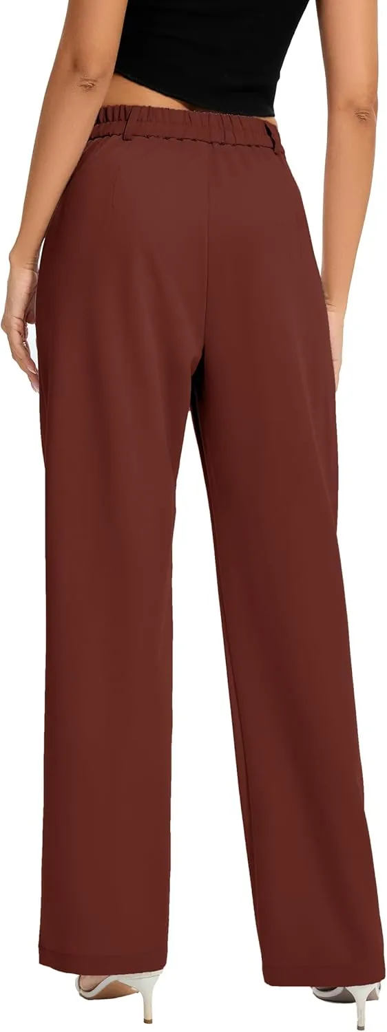 FUNYYZO Women Long Dress Pants High Waisted Work Pants Dressy Casual Straight Leg Elastic Waist Trousers
