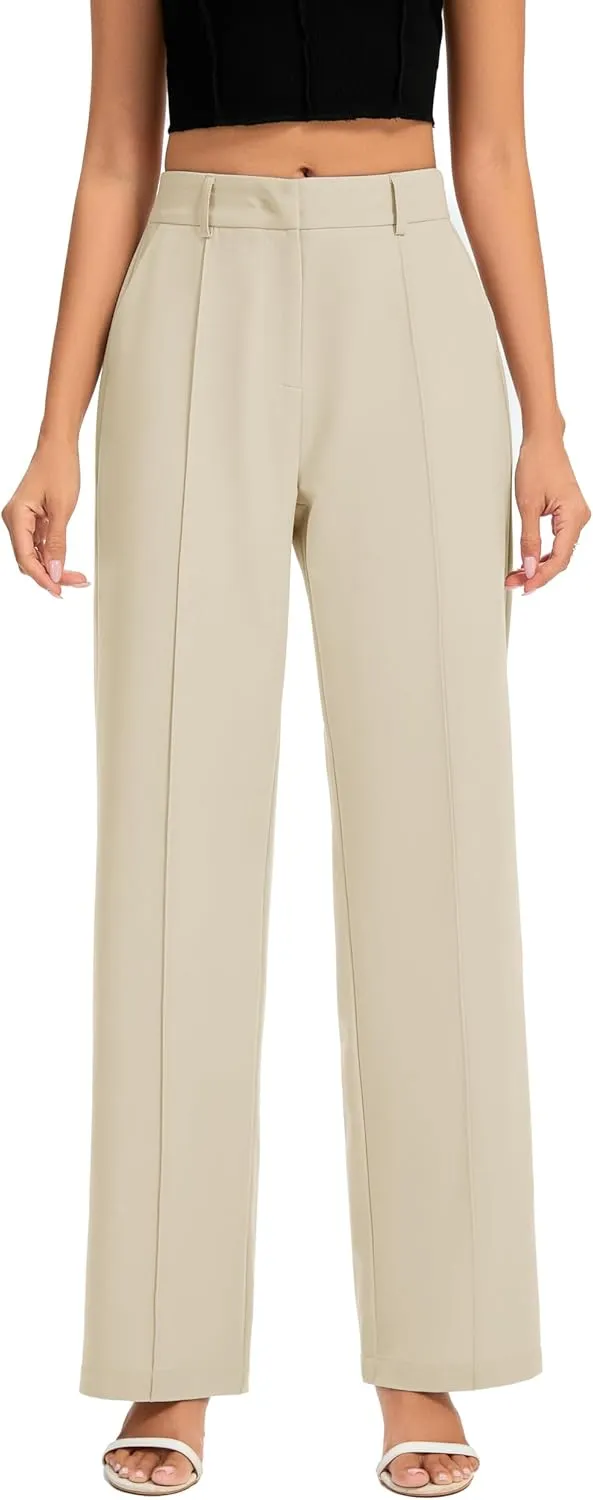 FUNYYZO Women Long Dress Pants High Waisted Work Pants Dressy Casual Straight Leg Elastic Waist Trousers
