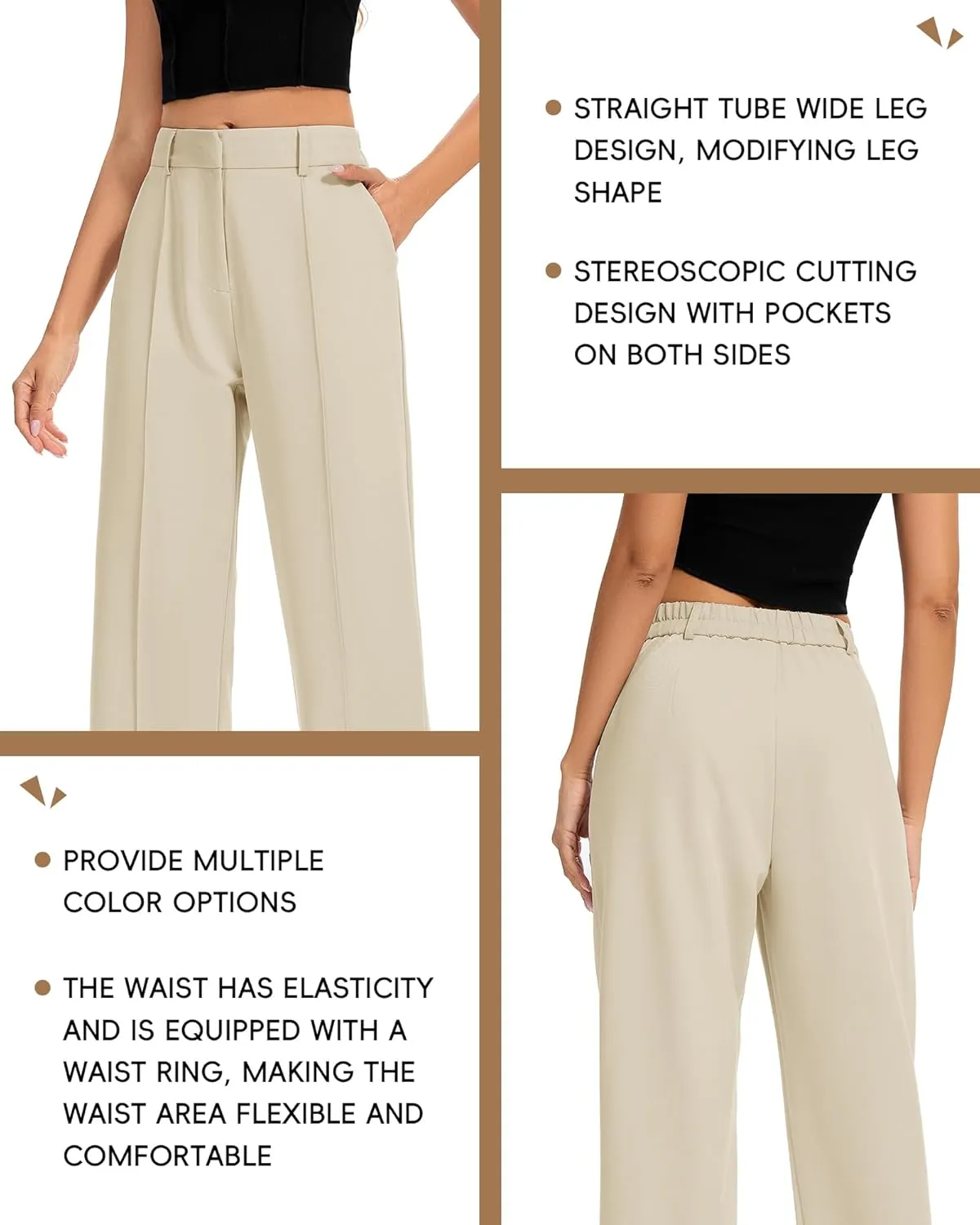 FUNYYZO Women Long Dress Pants High Waisted Work Pants Dressy Casual Straight Leg Elastic Waist Trousers